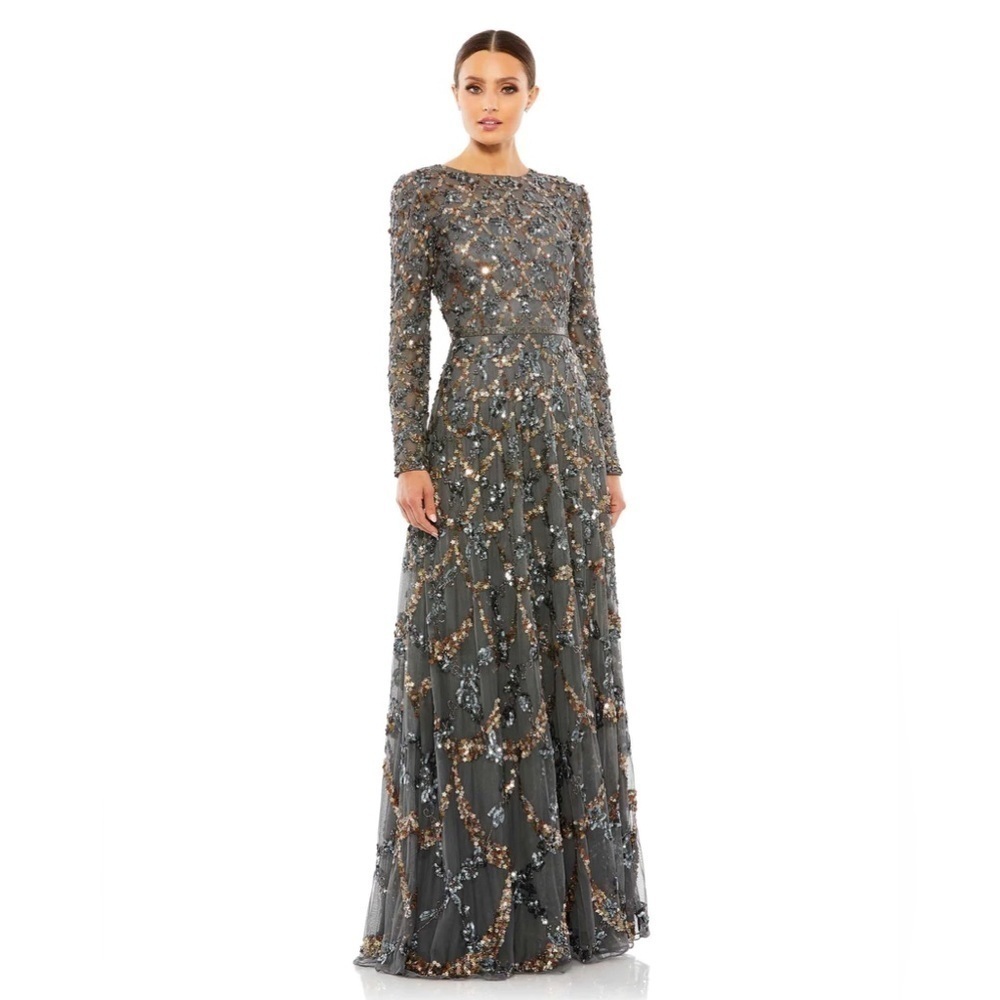 Mac Duggal 5496 NWT EMBELLISHED ILLUSION HIGH NECK LONG SLEEVE A LINE GOWN